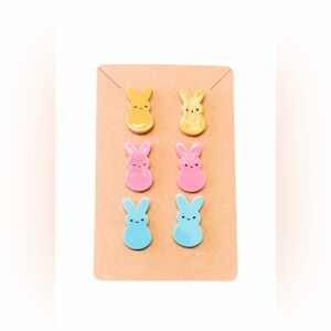 Whimsical Bunny Earrings Trio in Gold, Pink, and Blue